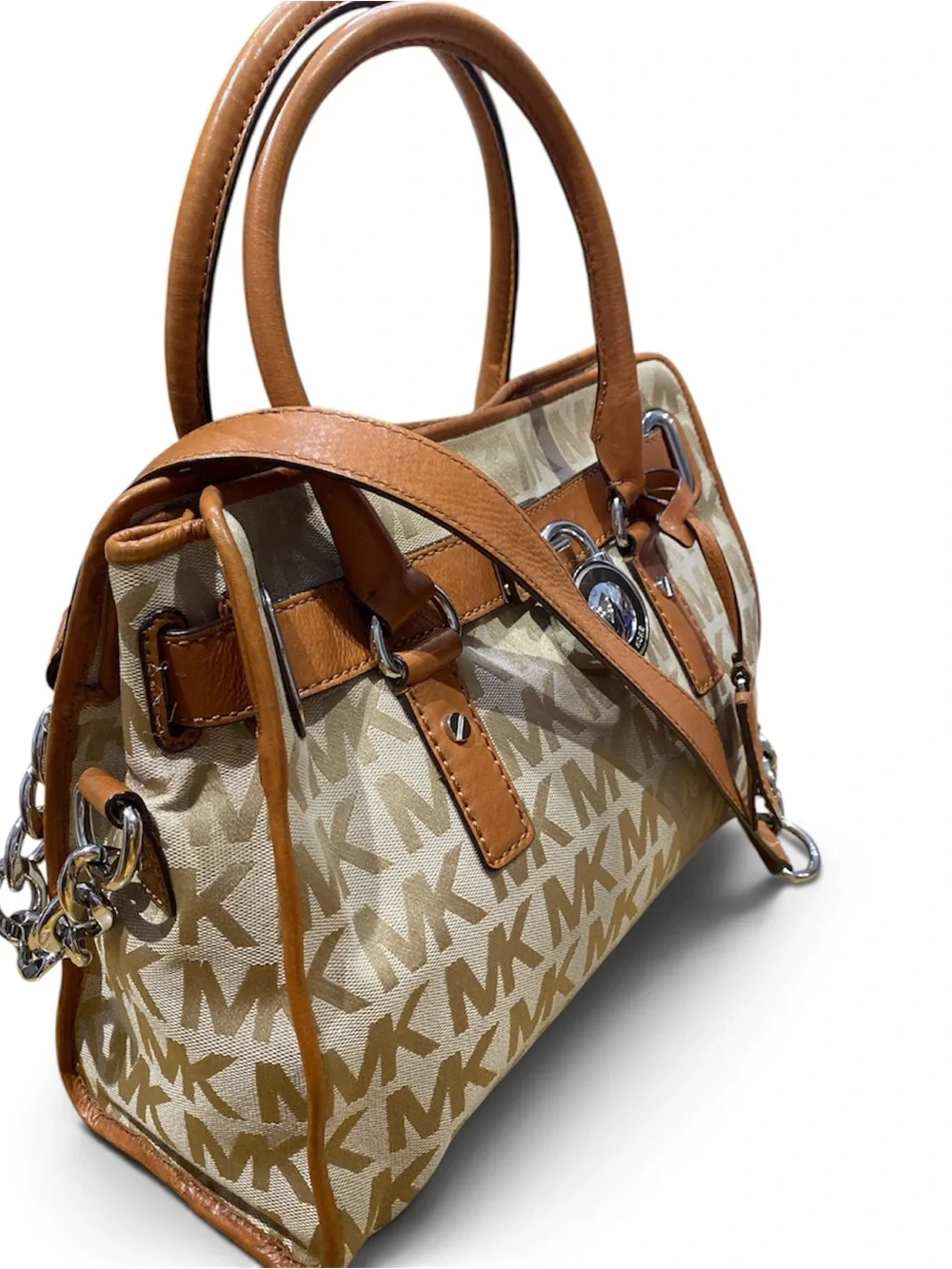 Michael Kors Hamilton Beige and Brown Logo Satchel